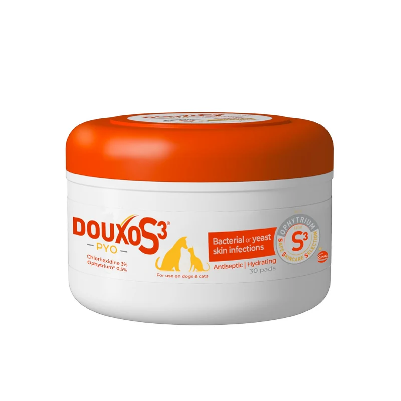 Douxo S3 Pyo Pads – 3% chlorhexidine et 0,5% Ophytrium | Antiseptique & Hydratant pour infections cutanées chez chiens et chats | 30 tampons