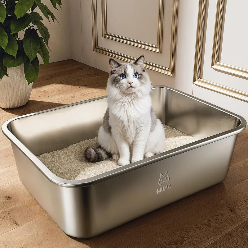 Qiuma Boîte à Litière en Acier Inoxydable — Hauts Rebord, Sans Odeur, Surface Antiadhérente, Facile à Nettoyer, 17,5 × 13,6 × 5,9 po, Pour Chats Petits et Moyens