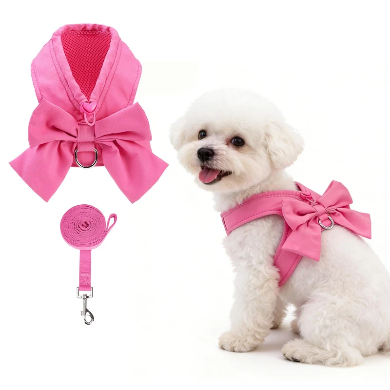 KOOLTAIL Harnais et Laisse pour Petit Chien – XS‑M, Rose, Nœud Papillon, Sans Traction, Maille Douce, Ajustable