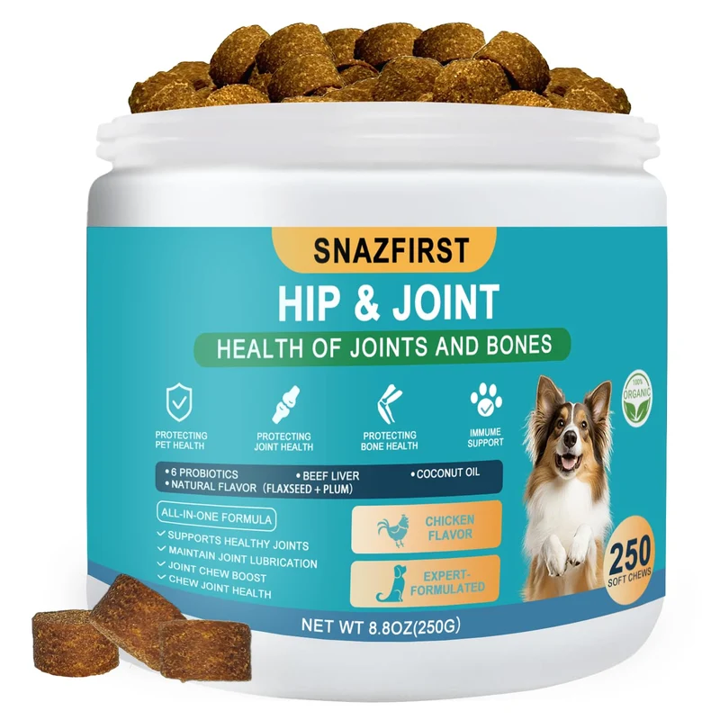SnazFirst – Supplément Hanches et Articulations pour Chiens, Glucosamine, Chondroïtine, MSM et Oméga-3 – 250 bouchées