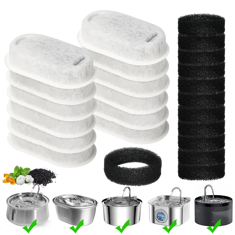 TOUDABBQ Filtre pour Fontaine à Chat — Ensemble 24 pièces (12 filtres + 12 éponges), filtration en 4 couches, compatible 67oz/2L et 108oz/3,2L