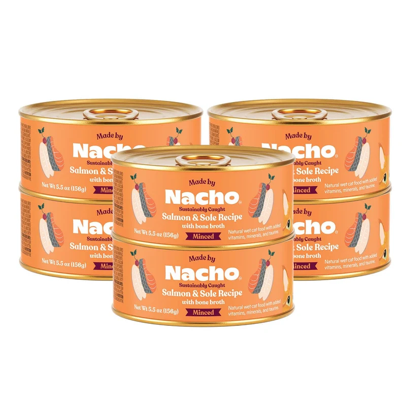 Made by Nacho – Pâté humide saumon & sole durables, bouillon d’os, sans céréales – boîte 5,5 oz, lot de 6