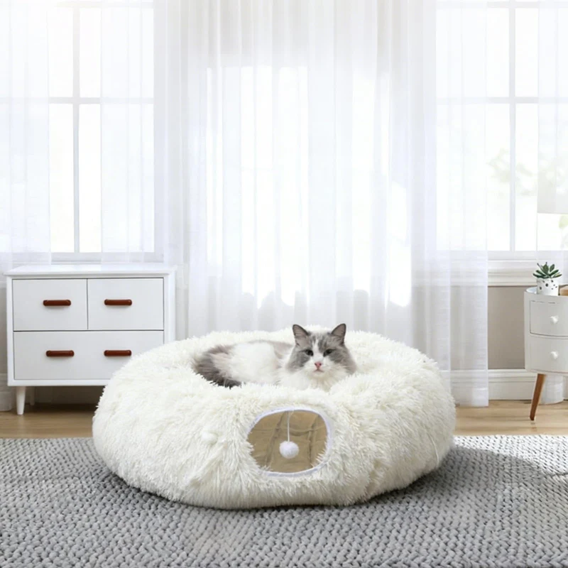 RELAXLATE Grand Tunnel-Coussin pour Chats d’Intérieur – Tunnel Donut et Lit Douillet en Peluche Chaude (Blanc)