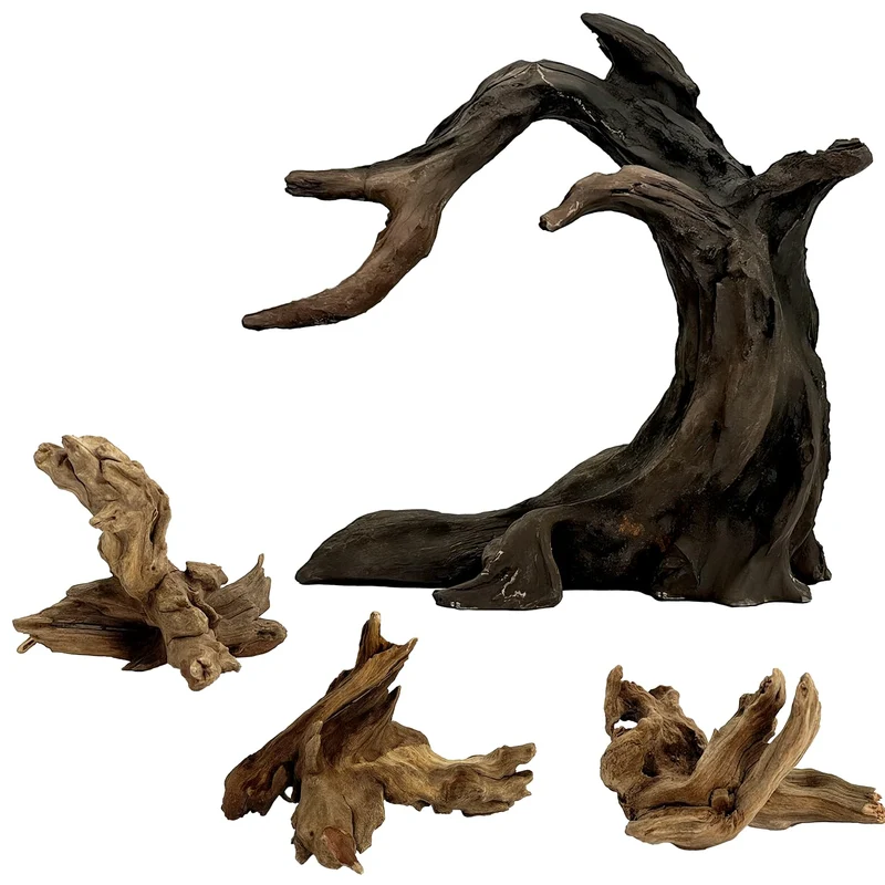 Obantrsz Set Décor Aquarium Bois Flotté – 1 Modèle Résine Anubias + 3 Morceaux Naturels 2–4 pouces