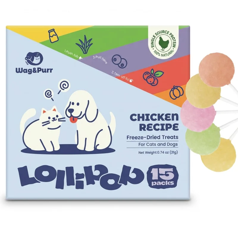 Friandises Wag&Purr au poulet lyophilisées – Sucettes pour chats et petits chiens, lot de 15