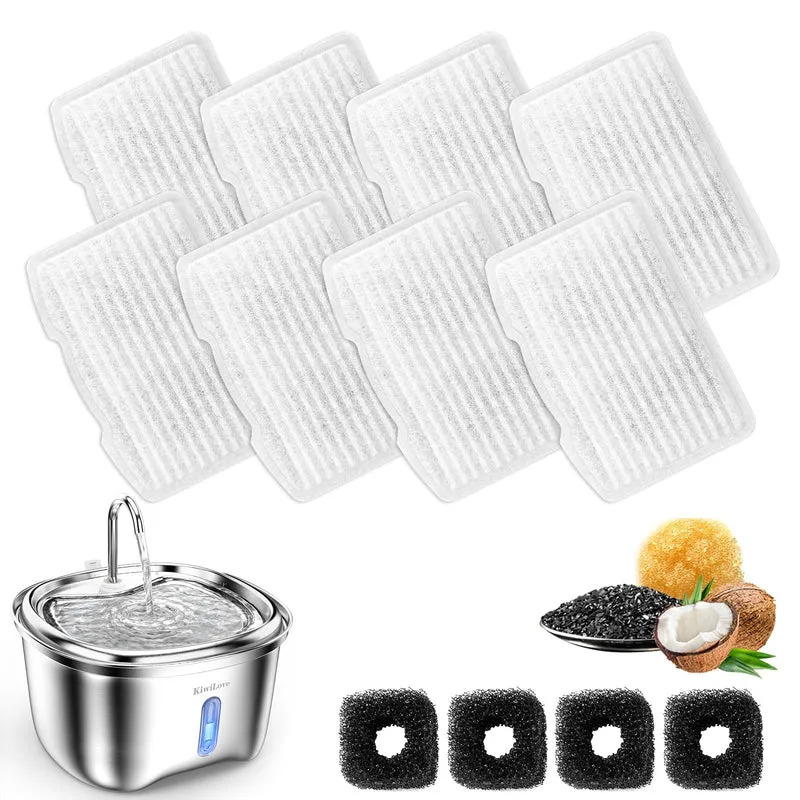KiwiLove D90 – Pack de 12 Filtres de Remplacement + 4 Éponges pour Fontaine – Filtration Multi-Étages
