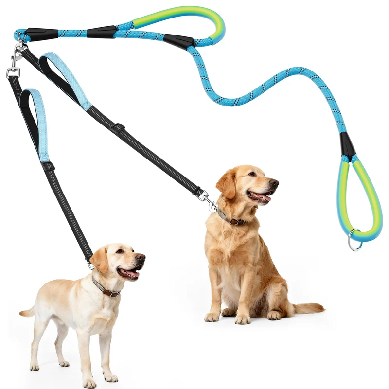 XiaZ Laisse Double pour Deux Chiens – Bleu, Sans Enchevêtrement, Rotation 360°, 4 Poignées, Réfléchissante, 5,5 pieds, 3/8 pouce