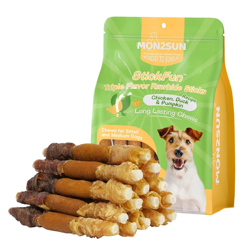 MON2SUN Friandises pour chien – Bâtons cuir de bœuf triple saveur poulet, citrouille et canard, 15 pièces, 5 pouces