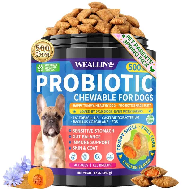 WEALLIN Probiotiques Chien – Bouchées 500, Digestion, Immunité & Peau, Saveur Poulet
