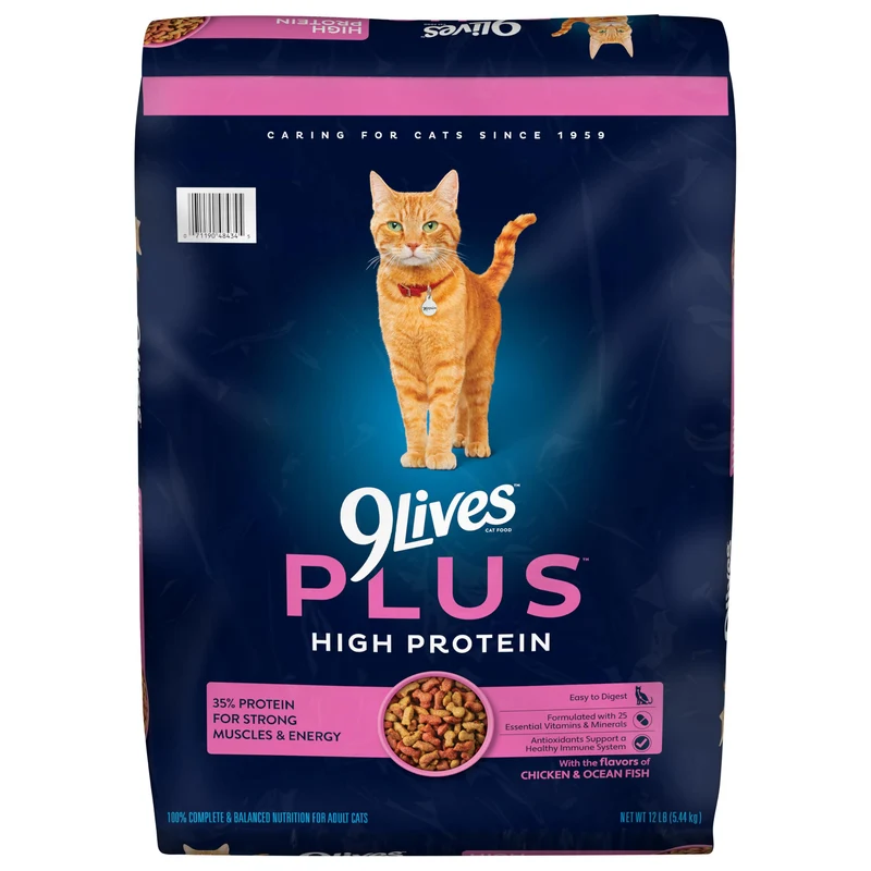 9Lives PLUS Croquettes Haute Protéine pour Chat Adulte – Poulet & Poisson, Sac 12 lb