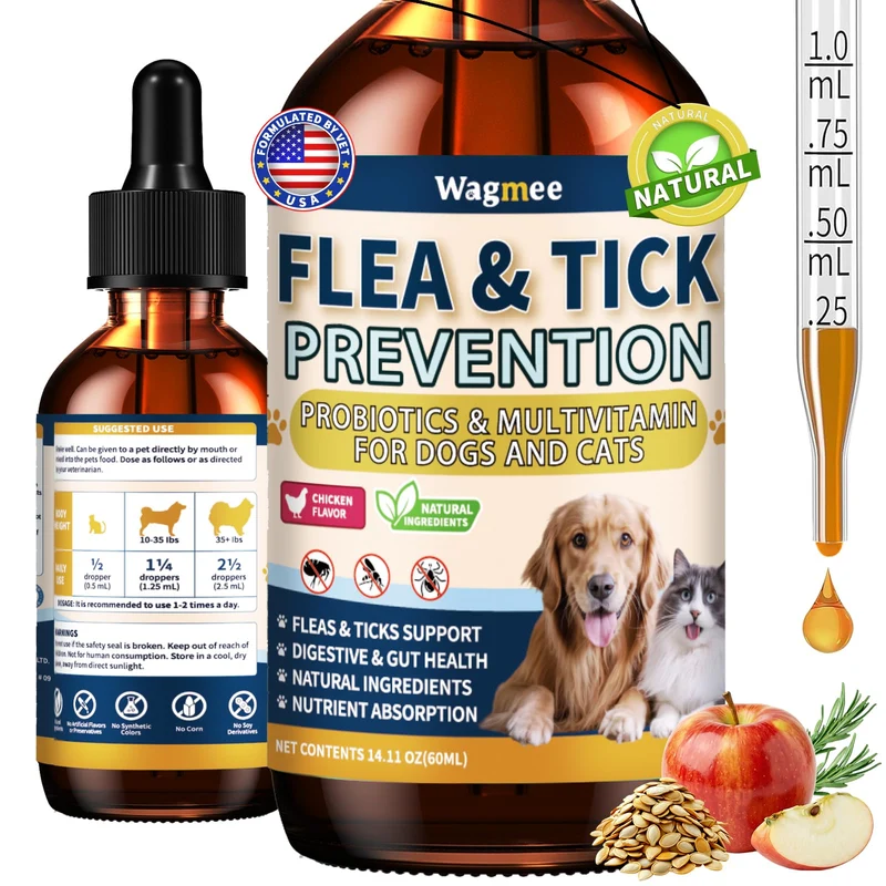 Wagmee — Prévention naturelle des puces et tiques pour chats et chiens | Gouttes probiotiques et multivitamines au goût poulet