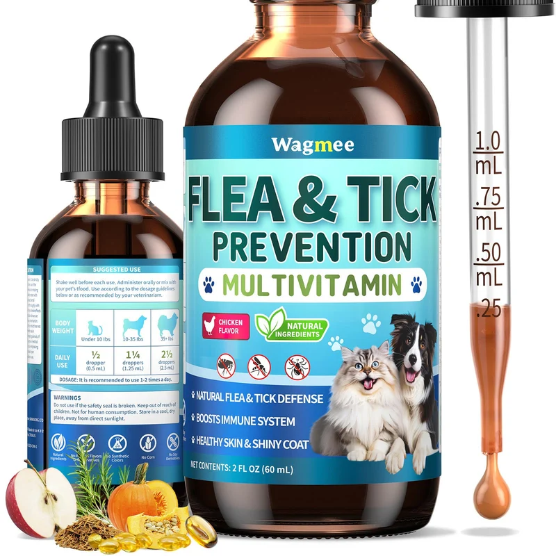 Wagmee – Soutien naturel oral contre puces et tiques pour chiens et chats – Gouttes au poulet avec multivitamines