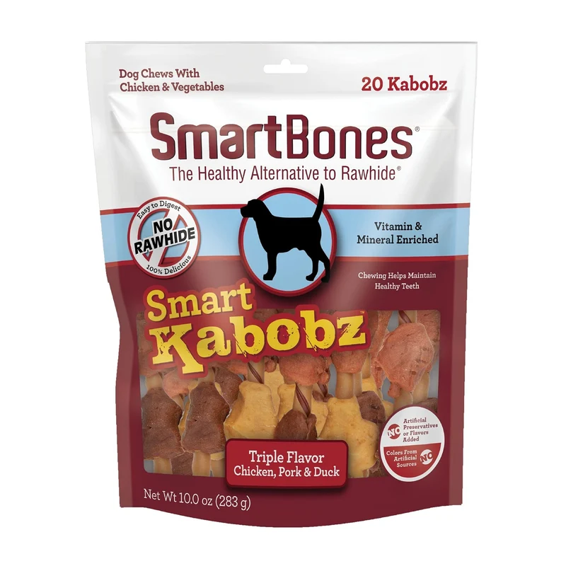 SmartBones Smart Kabobz – Friables sans cuir pour chiens, saveur poulet-porc-canard (20 pièces)