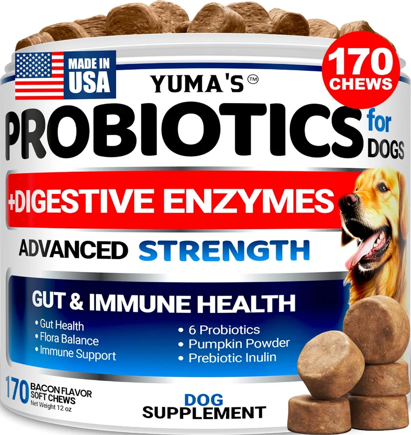 YUMA'S Probiotiques pour Chiens – 170 bouchées Saveur Bacon et Enzymes Digestives