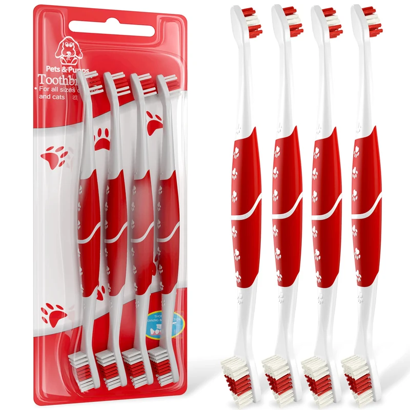 Pets & Pupps – Brosse à dents double tête ultra-douce pour chiens et chats (Pack de 4 – Rouge)