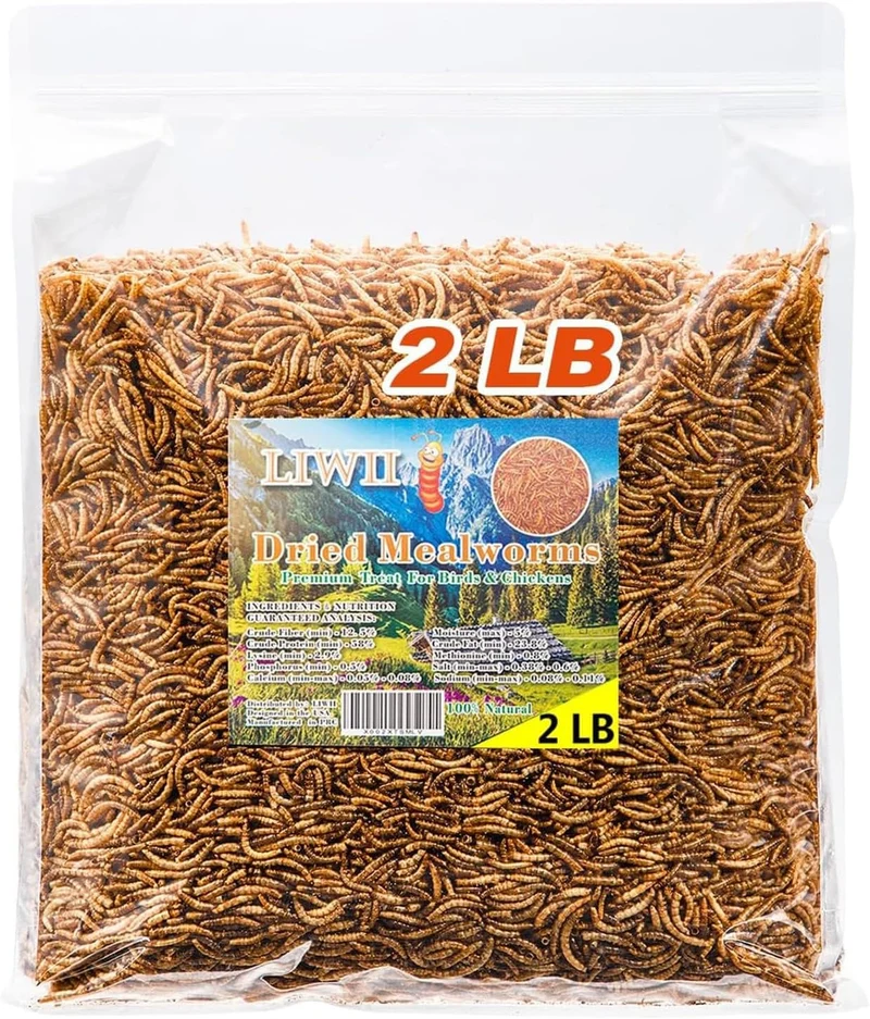 LIWII Vers de Farine Séchés – 2 Livres, 100% Naturels, Non-OGM, Protéine Élevée pour Poulets et Oiseaux