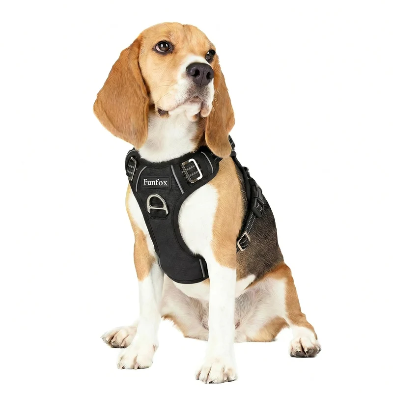 Funfox Harnais Chien Taille M - Poignée Verticale, Double Attache, Ajustable, Confort Durable et Visibilité Nocturne