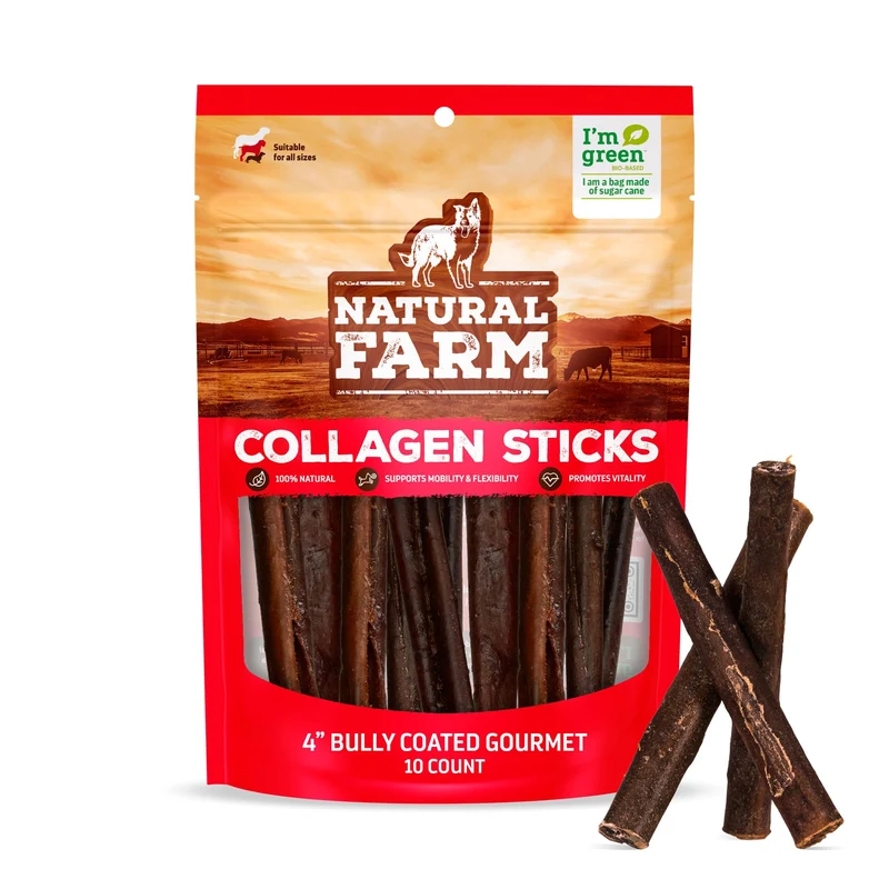 Natural Farm Bâtonnets Collagène Enrobés – Boeuf Réel, 4 pouces, 10 pièces | Articulations, Pelage et Peau pour Chiens Petits et Moyens