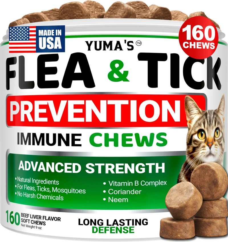 YUMA'S Traitement Puces pour Chats – Prévention naturelle des puces et tiques | 160 friandises molles | Supplément oral pour chats et chatons – Fabriqué aux États-Unis