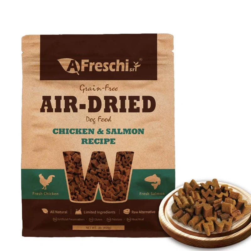 A Freschi srl – Aliments pour chiots et chiens adultes séchés à l'air (Poulet & Saumon), sans céréales, haute protéine – Starter 450 g
