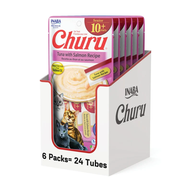 INABA Churu Senior 10+ – Crème à lécher pour chat âgé (thon & saumon), Taurine, Vitamines E & C, 0,5 oz, 24 tubes