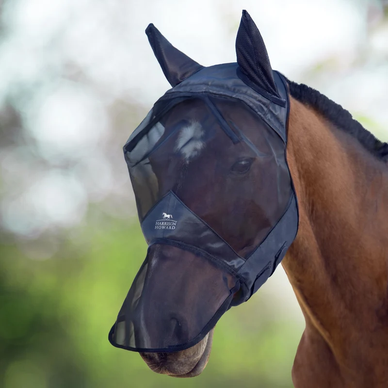 Harrison Howard CareMaster Masque Anti-Mouches pour Cheval – Long Nez et Oreilles, Face Entière, Noir, Taille Large