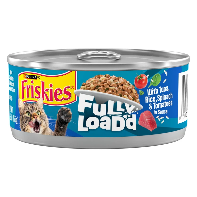 Purina Friskies Fully Load’d Nourriture humide pour chats — Thon, Riz, Épinards et Tomates en Sauce, 5,5 oz (Pack de 24)