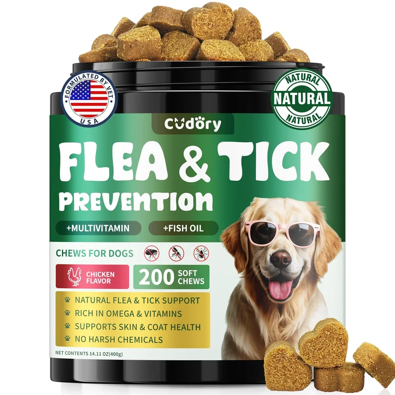 Cudory Prévention Puces et Tiques pour Chiens – 200 Friandises Naturelles au Poulet