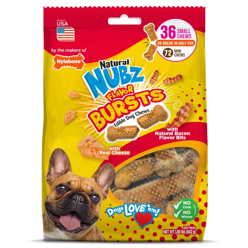 Nylabone Nubz Flavor Bursts – Os à mâcher naturels pour petits chiens, Saveur Bacon & Fromage, Sans Céréales, 36 unités, Fabriqué aux États-Unis