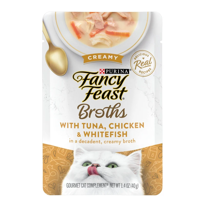 Purina Fancy Feast Bouillon Crèmeux pour Chats – Thon, Poulet et Poisson Blanc, Pack 16 x 1,4 oz