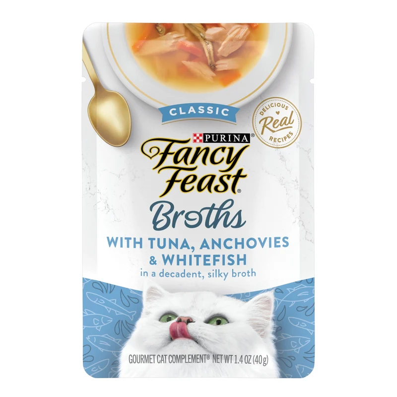 Purina Fancy Feast Broths Classique – Thon, Anchois et Poisson Blanc (Lot de 16 sachets 1,4 oz)