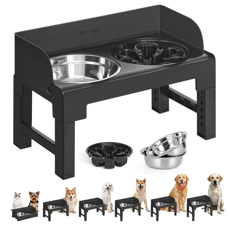 Feandrea – Gamelles pour chien sur socle élevé, noir profond, avec 2 bols inox 304 et bol lent, hauteur et inclinaison réglables