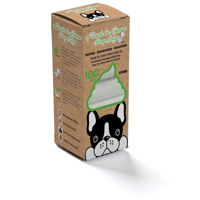 PetBro Flush 'n Gone – Sacs à crottes biodégradables et flushables, 10 rouleaux (100 sacs), compostables