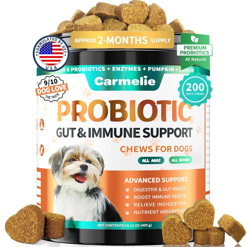 Carmelie Probiotiques pour Chiens – 200 bouchées molles avec enzymes, potiron et fibres