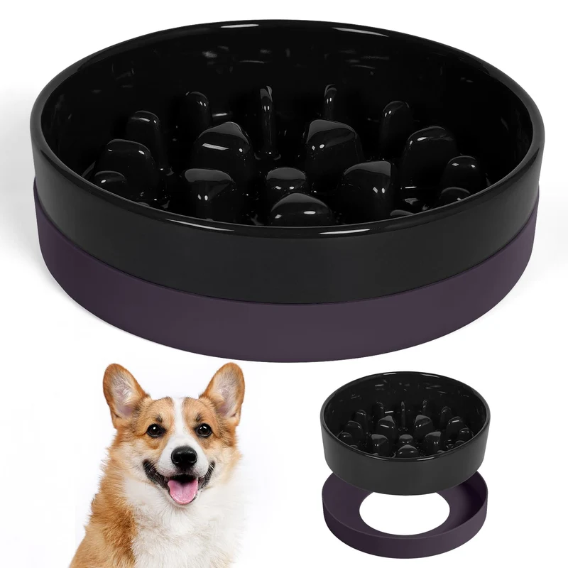 Sted Bol ralentisseur en céramique avec base en silicone – bol pour chiens, design labyrinthe noir