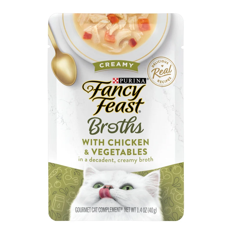 Fancy Feast Purina – Toppers en bouillon à lécher, Crèmeux au Poulet et Légumes, 16 sachets de 40 g
