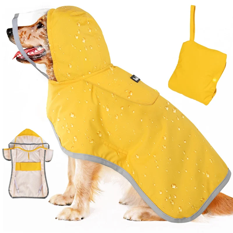 SlowTon Manteau de pluie pour chien – capuche transparente, double couche, sangles reflechissantes et poche de rangement (XS-XXXL)