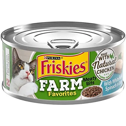 Friskies Favoris de Ferme – Aliment humide pour chat, poulet et poisson blanc en sauce, lot de 12 boîtes