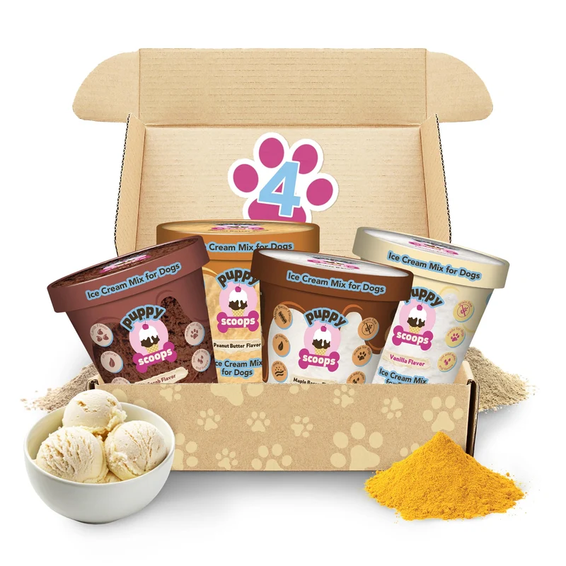 Pack Variété Puppy Scoops – Glace pour Chiens, 4 Saveurs, 4,65 oz chacun – Préparation Facile à Domicile