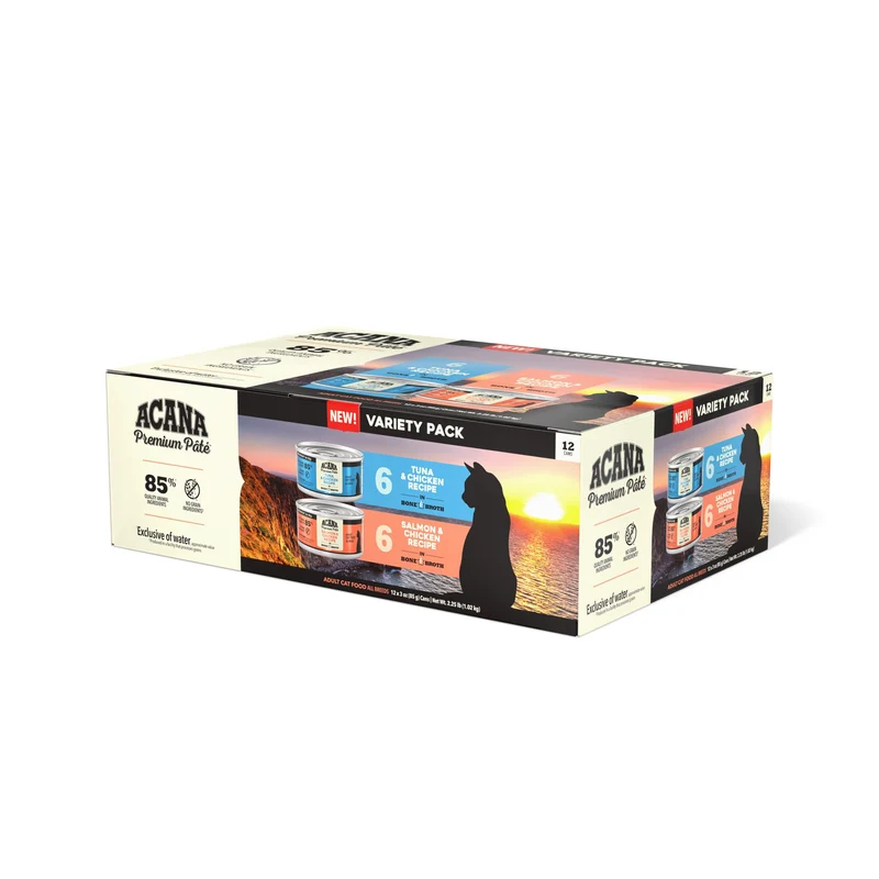 ACANA Premium Pâté pour Chats – Variété Bouillon d’Os (12 boîtes, 6 x Saumon/Poulet et 6 x Thon/Poulet) – 3 oz