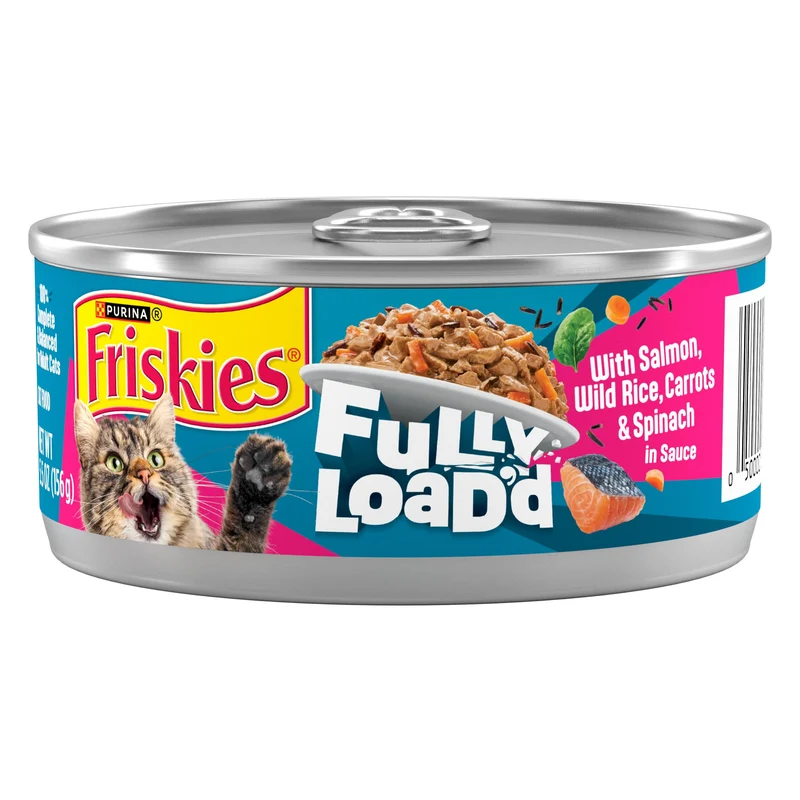 Purina Friskies Plein Charge – Nourriture humide pour chats adultes au saumon, riz sauvage, carottes et épinards en sauce – 156 g, pack de 24