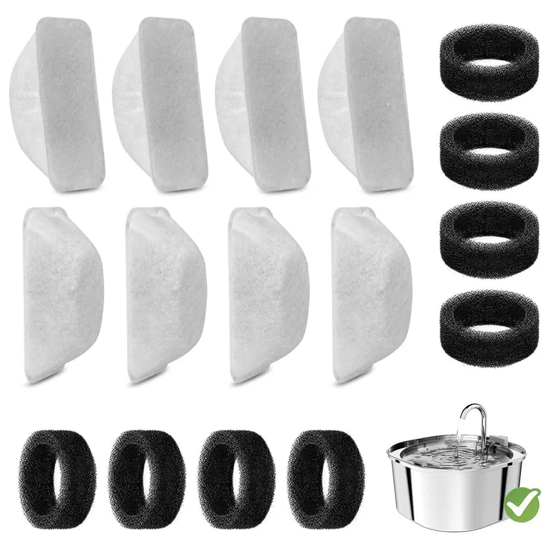 Rock Beard - 16 filtres pour fontaine à eau pour chat (108oz/3,2L & 84oz/2,5L) – 8 filtres + 8 éponges pré-filtre