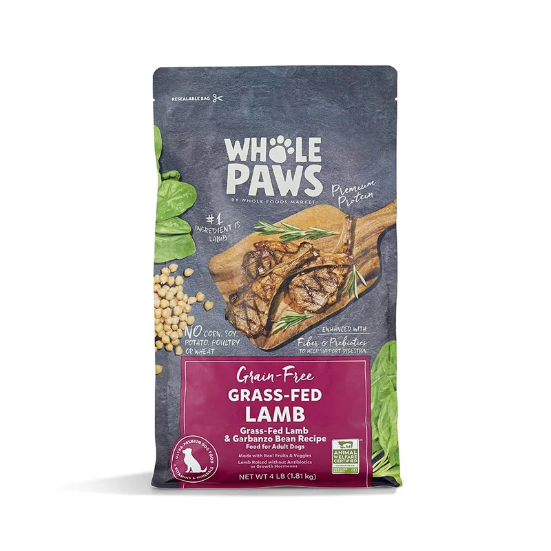 Whole Paws par Whole Foods Market - Nourriture pour chien adulte sans céréales, agneau nourri à l'herbe et pois chiches, 4 lb