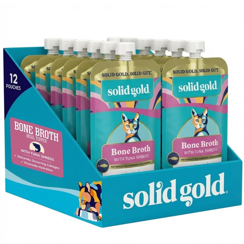 Solid Gold Bouillon d’Os pour Chats – Sachets Thon, Protéines Réelles et Collagène, 12 Sachets