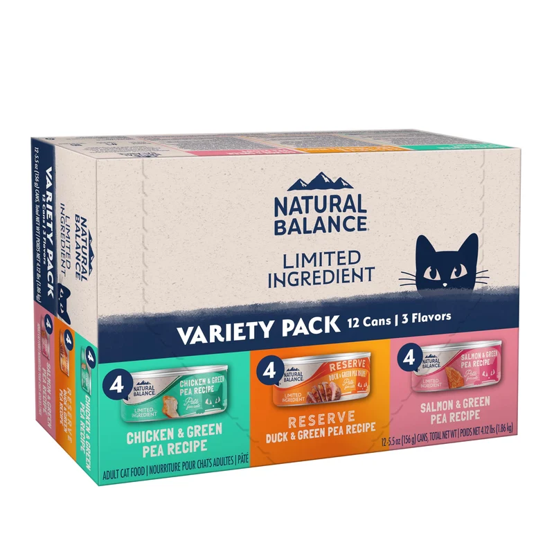 Natural Balance Pack Variété Ingrédients Limités – Poulet, Saumon & Canard + Pois Verts, Pâté Mou, Digestion Féline, 5,5 oz, Coffret 12
