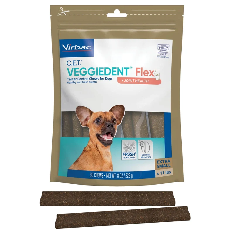 Virbac C.E.T Veggiedent Flex — Friandises dentaires pour chiens de moins de 5 kg — Contrôle du tartre et soutien des articulations — VOHC approuvées