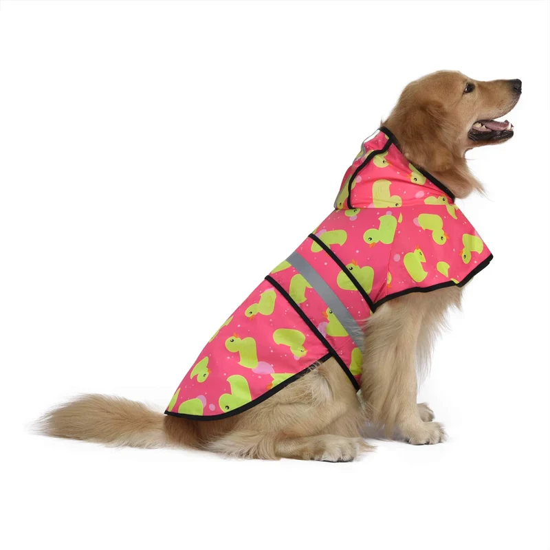 Veste de pluie réfléchissante pour chien HDE – Capuche, harnais, imprimé canards rose - XL