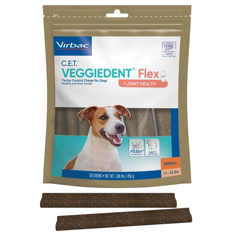 Virbac C.E.T. Veggiedent Flex – Bouchées dentaires Petits Chiens 11–22 lb, Soutien articulations, VOHC approuvé