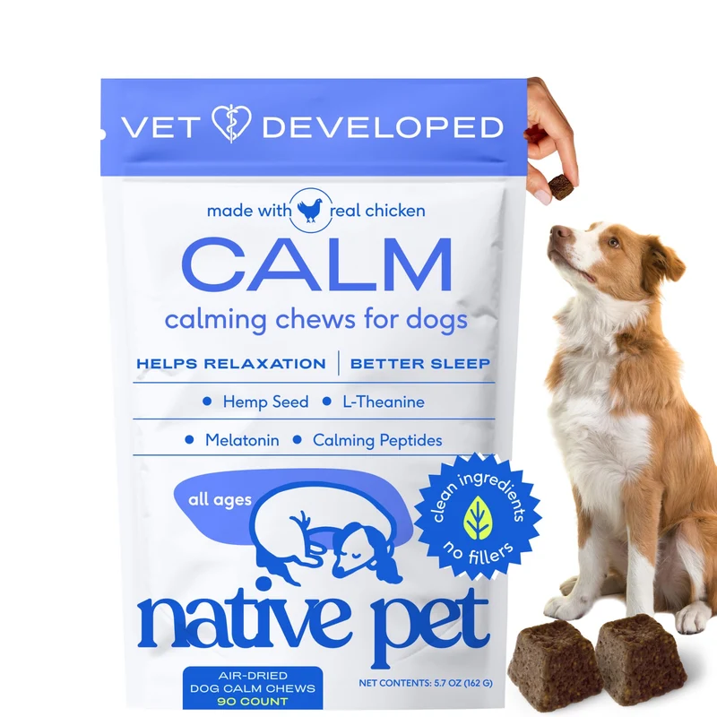 Native Pet Friandises Apaisantes pour Chiens — Grande Race, Calme et Équilibre Émotionnel, Graines de Chanvre, Mélatonine, L-théanine & Caséine – Format 30 jours