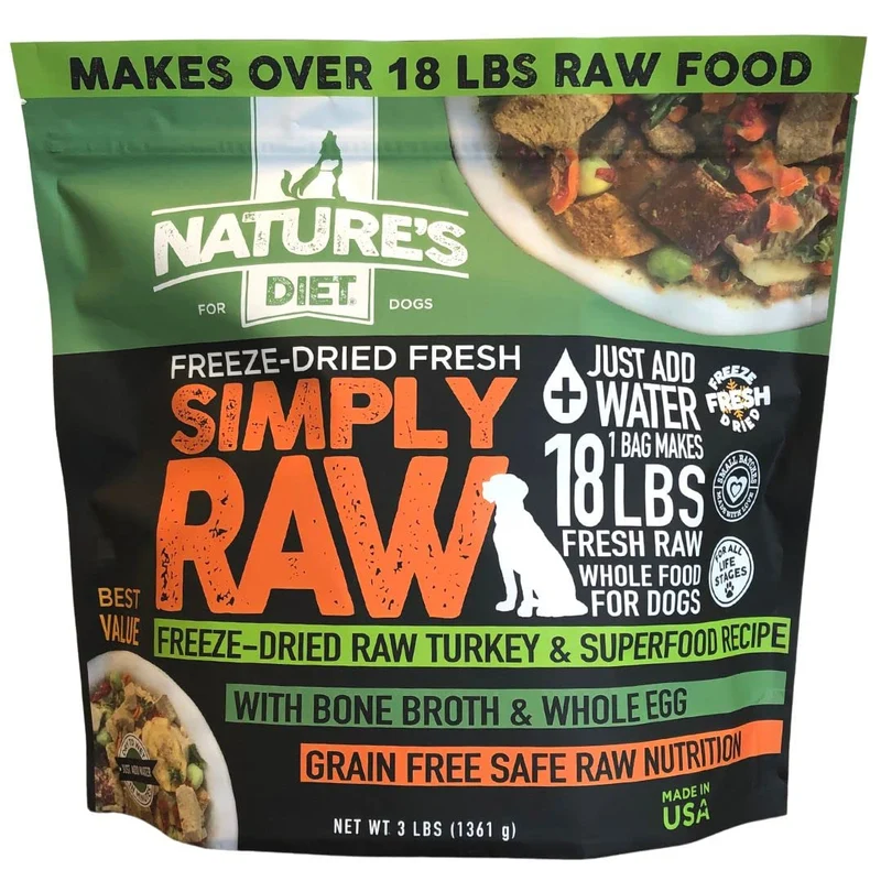 Nature's Diet Simply Raw – Repas cru lyophilisé pour chiens à la dinde, 18 lb réhydratable